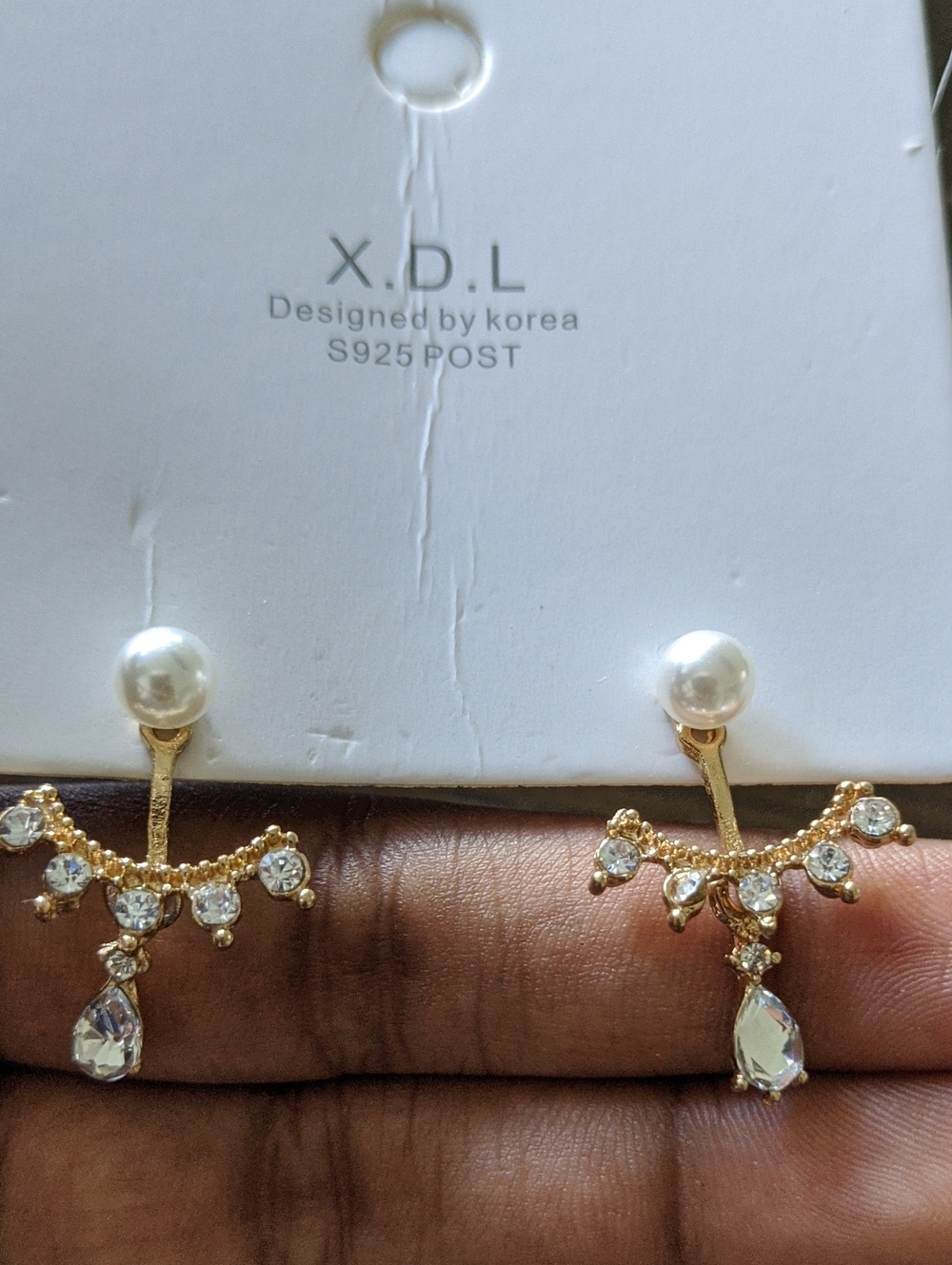 Sterling Silver Post Backs X.D.L Gold Pearl & Crystal Drop Earrings